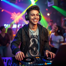 A young DJ, around 25 years old, dressed in a fashionable and character-appropriate outfit for a vibrant party atmosphere