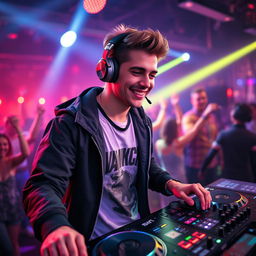 A young DJ, around 25 years old, dressed in a fashionable and character-appropriate outfit for a vibrant party atmosphere