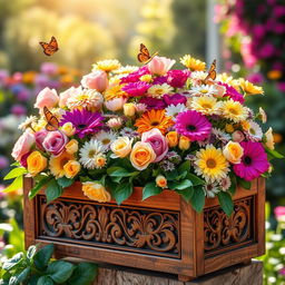 A beautifully designed flower box overflowing with a vibrant assortment of flowers, including roses, tulips, and daisies in a harmonious blend of colors like soft pinks, bright yellows, and deep purples