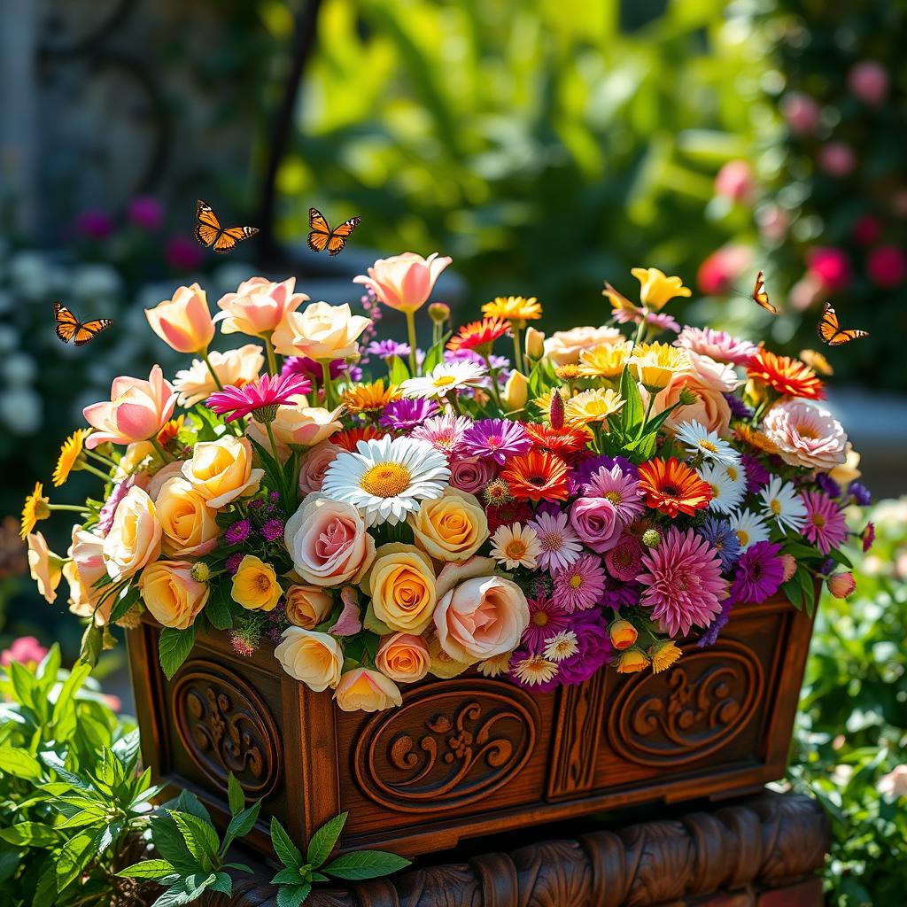A beautifully designed flower box overflowing with a vibrant assortment of flowers, including roses, tulips, and daisies in a harmonious blend of colors like soft pinks, bright yellows, and deep purples
