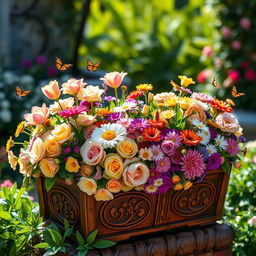 A beautifully designed flower box overflowing with a vibrant assortment of flowers, including roses, tulips, and daisies in a harmonious blend of colors like soft pinks, bright yellows, and deep purples
