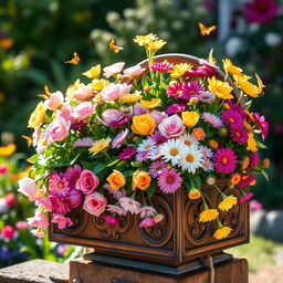A beautifully designed flower box overflowing with a vibrant assortment of flowers, including roses, tulips, and daisies in a harmonious blend of colors like soft pinks, bright yellows, and deep purples