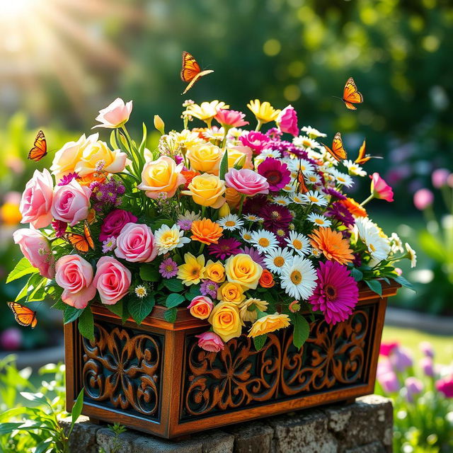 A beautifully designed flower box overflowing with a vibrant assortment of flowers, including roses, tulips, and daisies in a harmonious blend of colors like soft pinks, bright yellows, and deep purples