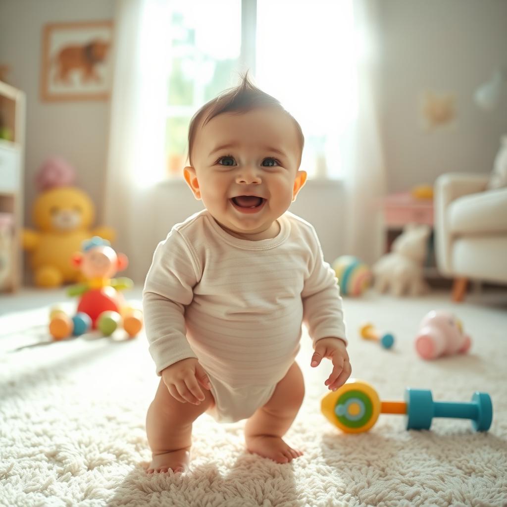A cute baby standing on its own in a bright, soft-lit room, surrounded by colorful toys and gentle sunlight streaming through a window