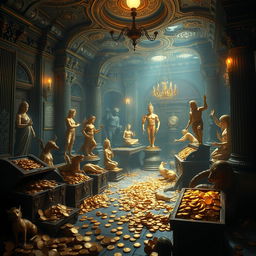 A captivating, realistic depiction of a mysterious room filled with treasures, featuring an assortment of gold statues and sparkling jewels
