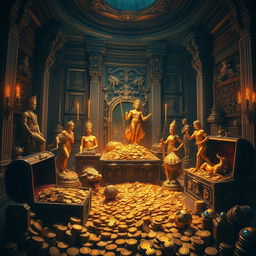 A captivating, realistic depiction of a mysterious room filled with treasures, featuring an assortment of gold statues and sparkling jewels