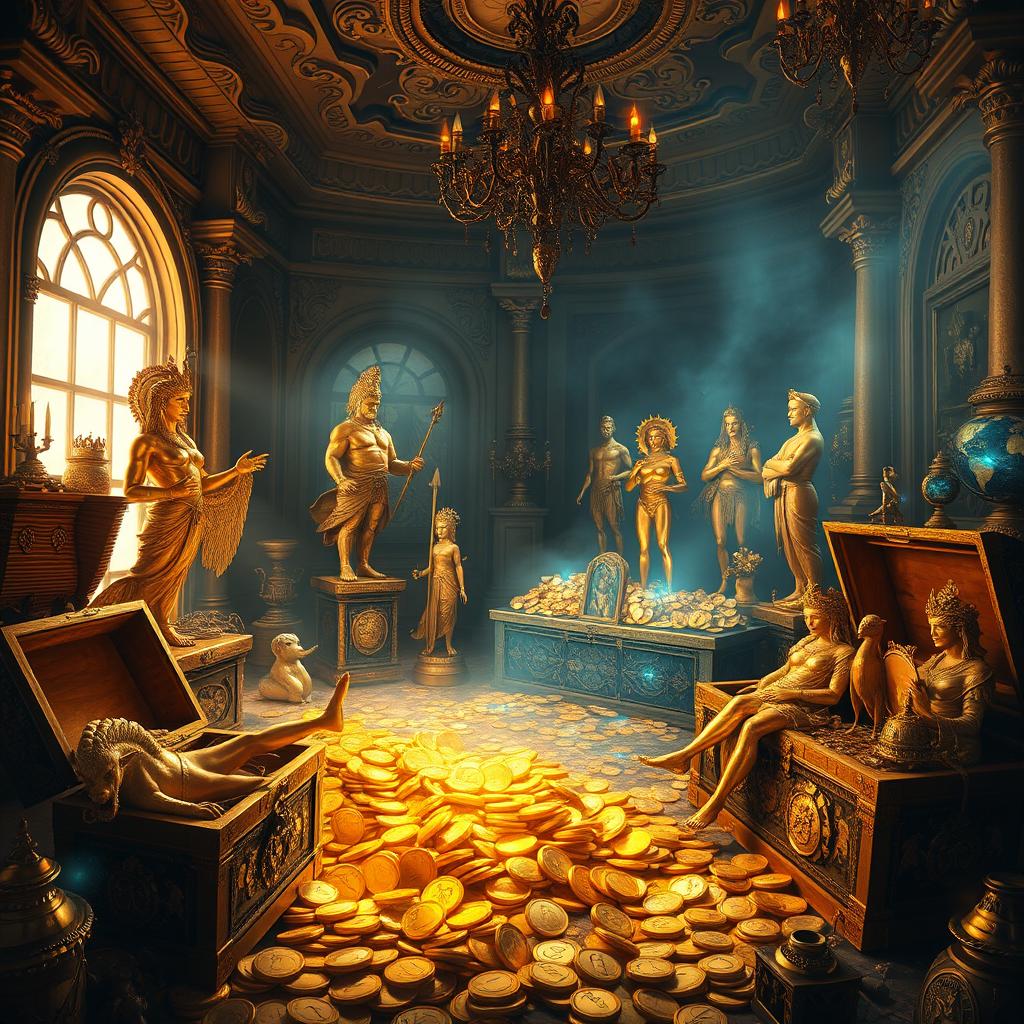 A captivating, realistic depiction of a mysterious room filled with treasures, featuring an assortment of gold statues and sparkling jewels