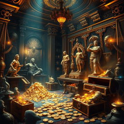 A captivating, realistic depiction of a mysterious room filled with treasures, featuring an assortment of gold statues and sparkling jewels