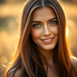 A stunning portrait of a beautiful woman with striking green eyes and long, flowing brunette hair