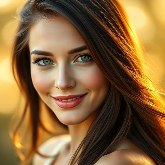 A stunning portrait of a beautiful woman with striking green eyes and long, flowing brunette hair