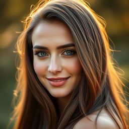A stunning portrait of a beautiful woman with striking green eyes and long, flowing brunette hair