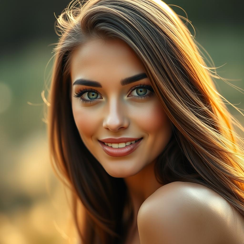 A stunning portrait of a beautiful woman with striking green eyes and long, flowing brunette hair