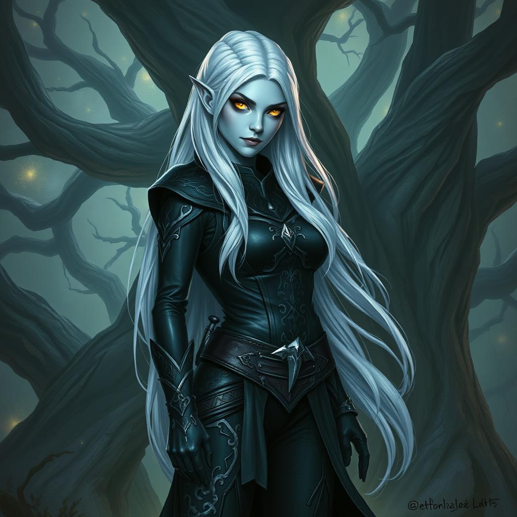 A striking half-elf drow rogue with light blue skin, standing confidently in a dark, mystical forest