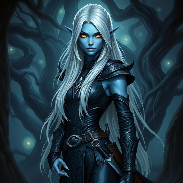 A striking half-elf drow rogue with light blue skin, standing confidently in a dark, mystical forest