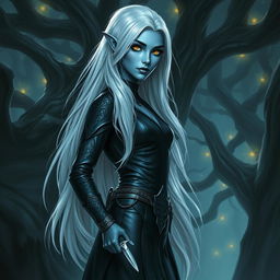 A striking half-elf drow rogue with light blue skin, standing confidently in a dark, mystical forest