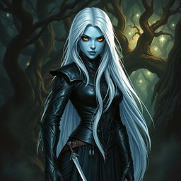 A striking half-elf drow rogue with light blue skin, standing confidently in a dark, mystical forest