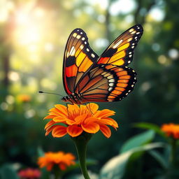 A realistic and vibrant butterfly perched on a colorful flower in a lush green natural setting, showcasing intricate details of the butterfly's wings, which are adorned with dynamic patterns and vibrant colors