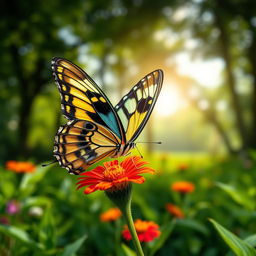 A realistic and vibrant butterfly perched on a colorful flower in a lush green natural setting, showcasing intricate details of the butterfly's wings, which are adorned with dynamic patterns and vibrant colors