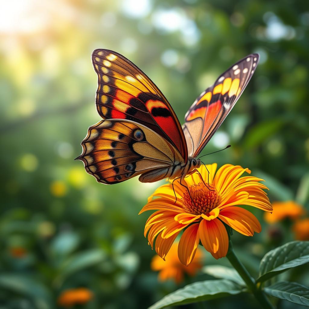 A realistic and vibrant butterfly perched on a colorful flower in a lush green natural setting, showcasing intricate details of the butterfly's wings, which are adorned with dynamic patterns and vibrant colors