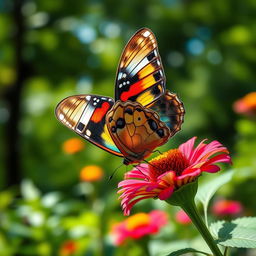 A realistic and vibrant butterfly perched on a colorful flower in a lush green natural setting, showcasing intricate details of the butterfly's wings, which are adorned with dynamic patterns and vibrant colors