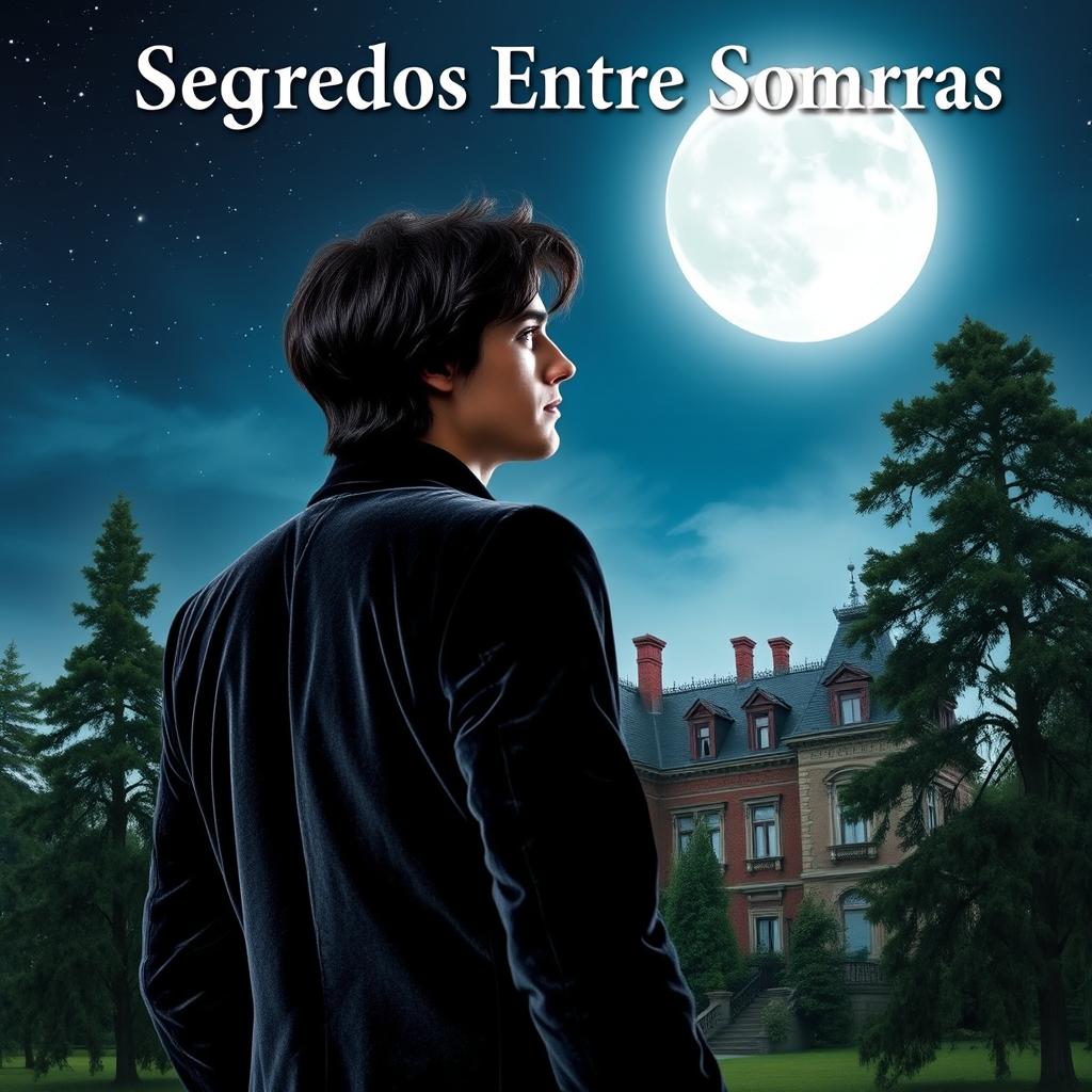 A young man with dark hair wearing a velvet suit, standing with his back to the viewer