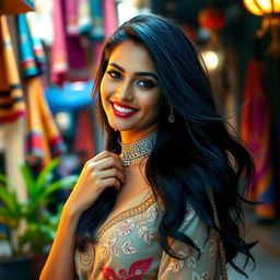 A stunningly beautiful Indian woman, dressed in elegant attire showcasing her confidence and allure, posing in a vibrant urban setting