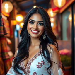A stunningly beautiful Indian woman, dressed in elegant attire showcasing her confidence and allure, posing in a vibrant urban setting