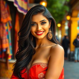 A stunningly beautiful Indian woman, dressed in elegant attire showcasing her confidence and allure, posing in a vibrant urban setting