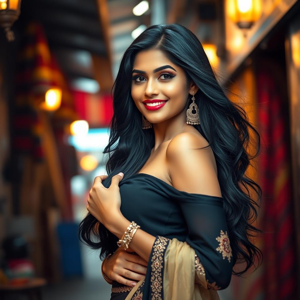 A stunningly beautiful Indian woman, dressed in elegant attire showcasing her confidence and allure, posing in a vibrant urban setting