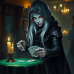 A mysterious hooded half-elf drow rogue with light blue skin and long white hair, standing in a dimly lit tavern