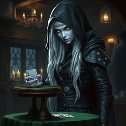 A mysterious hooded half-elf drow rogue with light blue skin and long white hair, standing in a dimly lit tavern