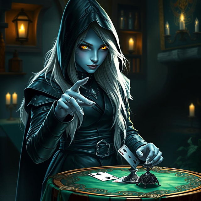 A mysterious hooded half-elf drow rogue with light blue skin and long white hair, standing in a dimly lit tavern