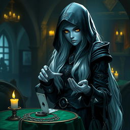A mysterious hooded half-elf drow rogue with light blue skin and long white hair, standing in a dimly lit tavern
