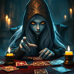 A captivating scene featuring a female hooded half-elf drow rogue with light blue skin, long flowing white hair, and striking yellow eyes