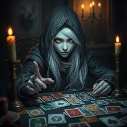 A captivating scene featuring a female hooded half-elf drow rogue with light blue skin, long flowing white hair, and striking yellow eyes