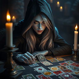 A captivating scene featuring a female hooded half-elf drow rogue with light blue skin, long flowing white hair, and striking yellow eyes