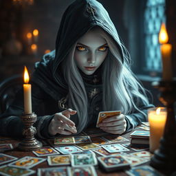 A captivating scene featuring a female hooded half-elf drow rogue with light blue skin, long flowing white hair, and striking yellow eyes