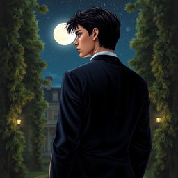 A scene depicting a young man with dark hair, wearing a velvet suit, standing with his back to the viewer