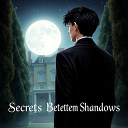 A scene depicting a young man with dark hair, wearing a velvet suit, standing with his back to the viewer