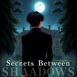 A scene depicting a young man with dark hair, wearing a velvet suit, standing with his back to the viewer