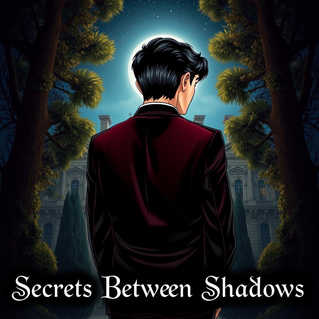 A scene depicting a young man with dark hair, wearing a velvet suit, standing with his back to the viewer