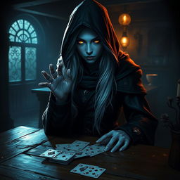A mysterious female Half-Elf drow Rogue with stunning blue skin, long flowing white hair, and bright yellow eyes standing in a dimly lit tavern