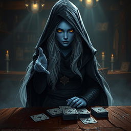 A mysterious female Half-Elf drow Rogue with stunning blue skin, long flowing white hair, and bright yellow eyes standing in a dimly lit tavern
