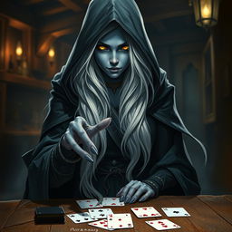 A mysterious female Half-Elf drow Rogue with stunning blue skin, long flowing white hair, and bright yellow eyes standing in a dimly lit tavern
