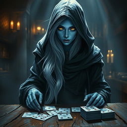 A mysterious female Half-Elf drow Rogue with stunning blue skin, long flowing white hair, and bright yellow eyes standing in a dimly lit tavern