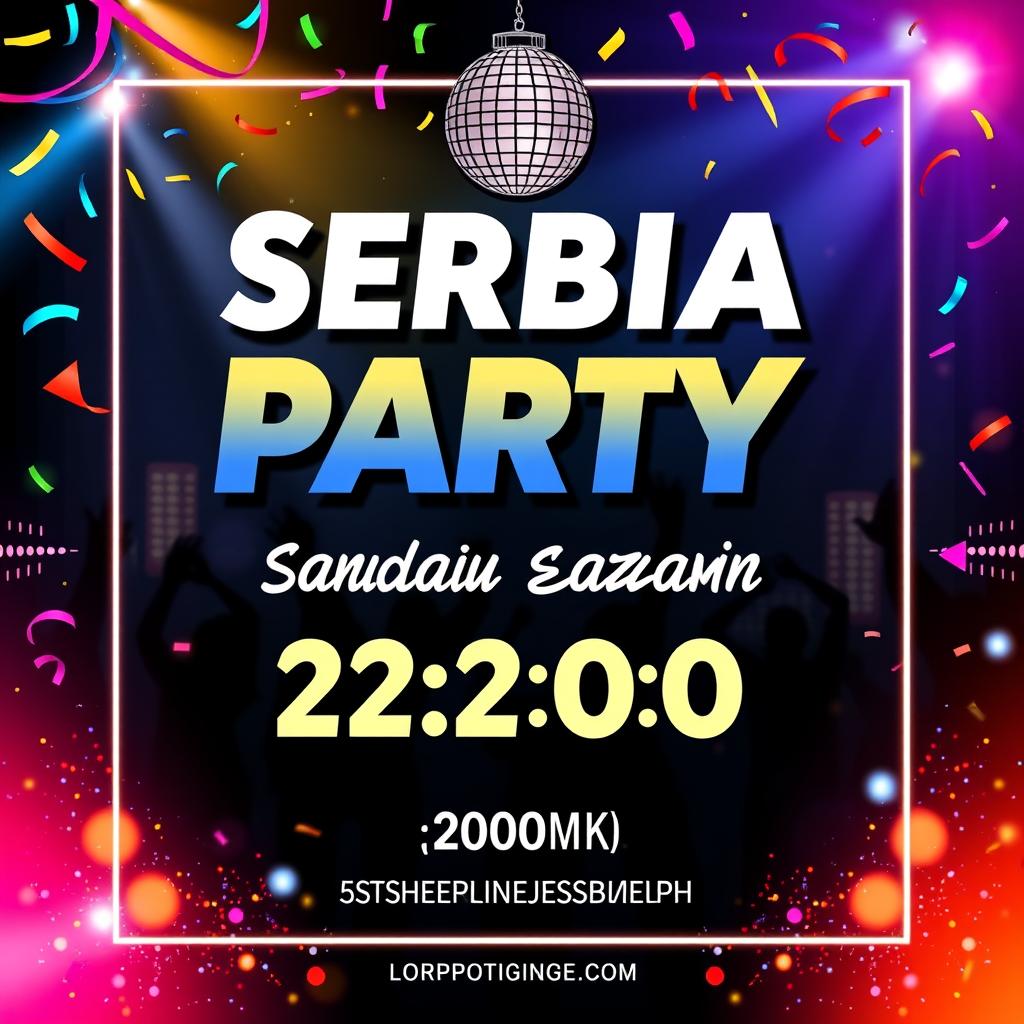 A sleek and stylish announcement poster for a Serbian party happening next Sunday at 22:00 (10 PM)