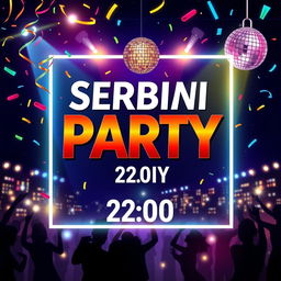A sleek and stylish announcement poster for a Serbian party happening next Sunday at 22:00 (10 PM)