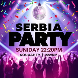 A sleek and stylish announcement poster for a Serbian party happening next Sunday at 22:00 (10 PM)