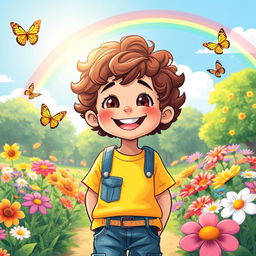 A vibrant and uplifting illustration of a young boy with a positive mindset, smiling broadly with bright, joyful eyes, standing in a sunlit park surrounded by colorful flowers