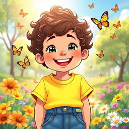 A vibrant and uplifting illustration of a young boy with a positive mindset, smiling broadly with bright, joyful eyes, standing in a sunlit park surrounded by colorful flowers